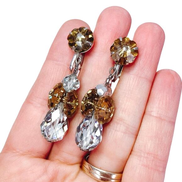 VTG Signed Vendome Mid Century Earrings Crystal Dangling Drop Clip On Sparkling - Picture 2 of 13
